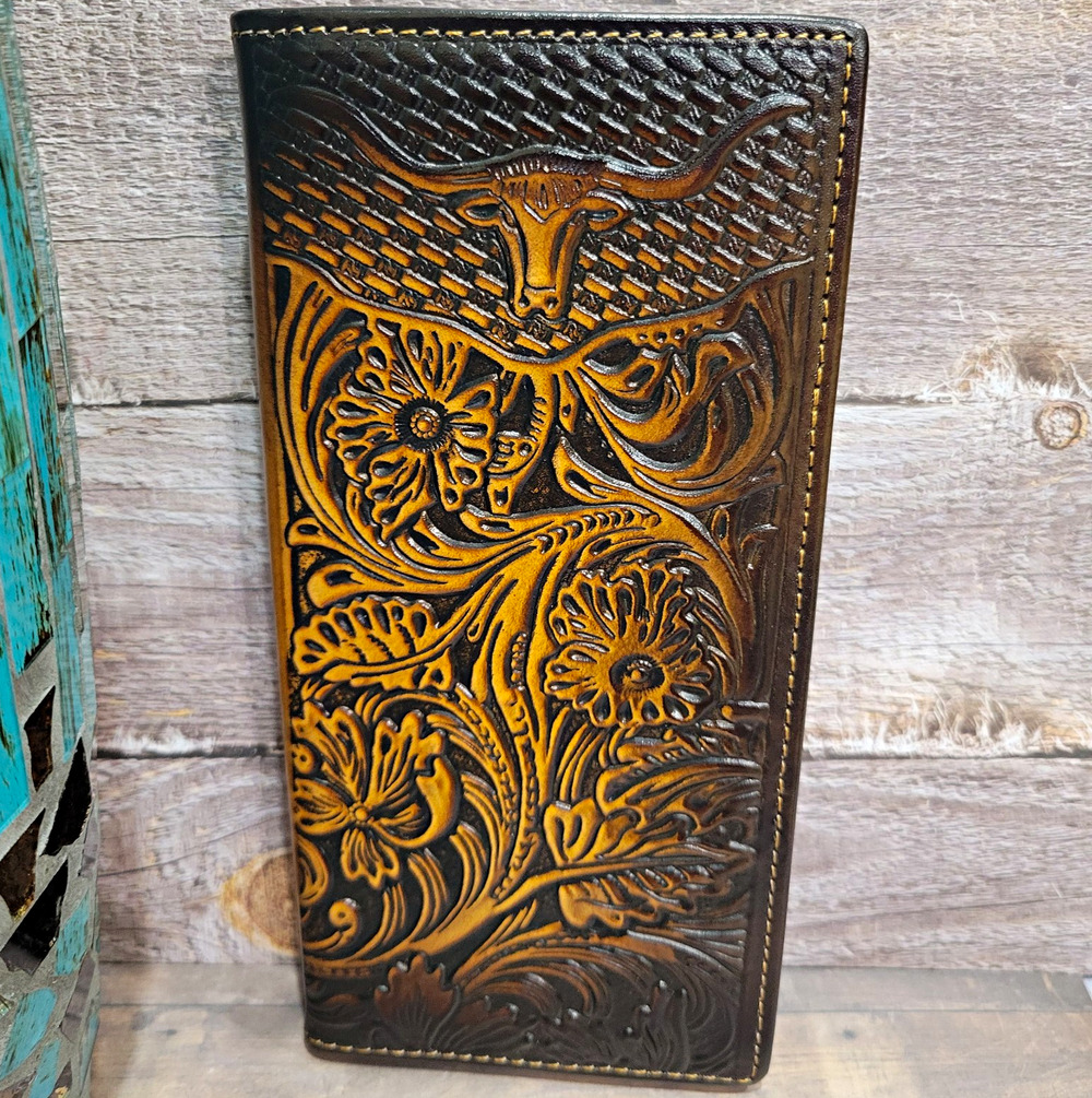 Men's Western wallet Longhorn Embossed Bifold Brown/Black Credit Card ID Window